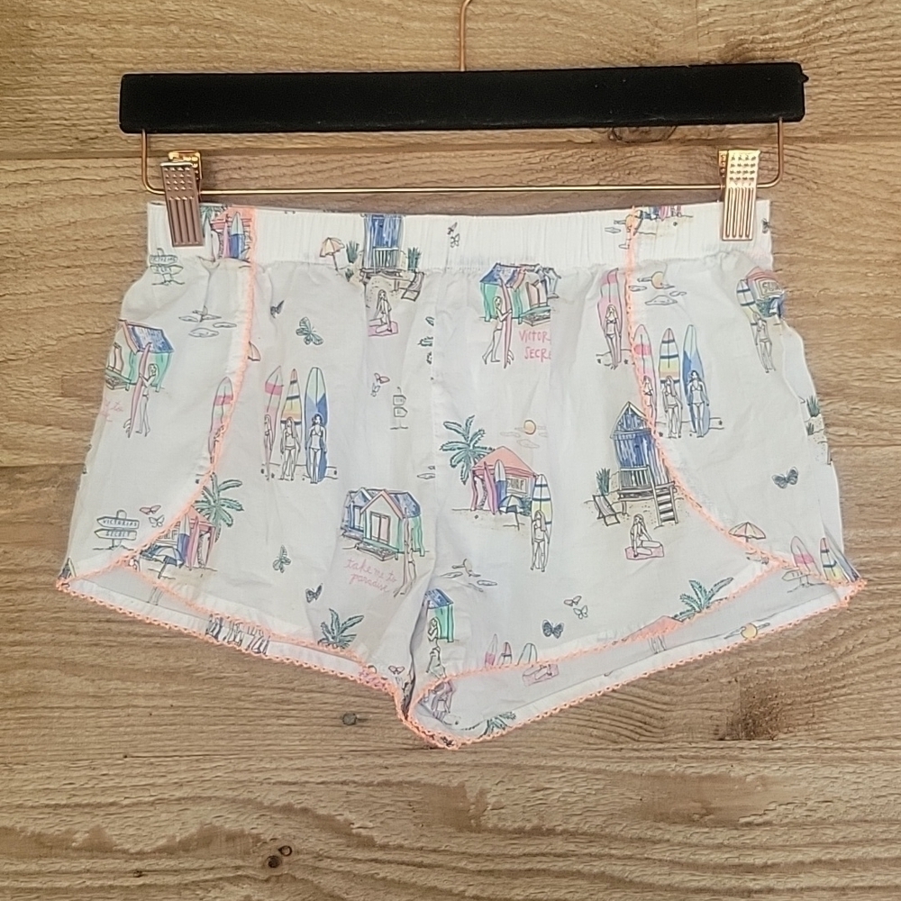 Victoria's Secret White Shorts with Beach Print and Coral Trim Size XSmall